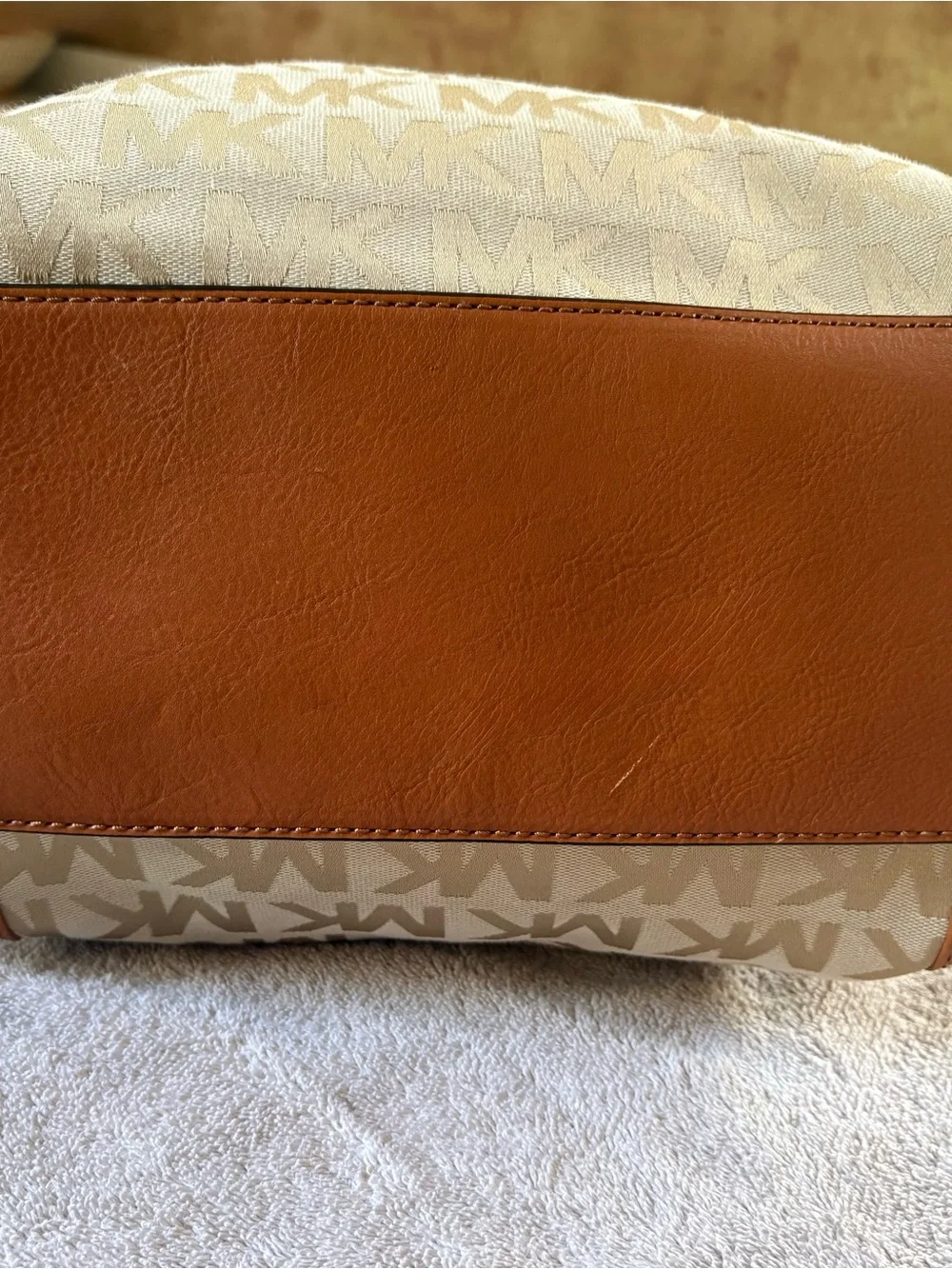 Michael Kors Cream and Tan Signature MK Logo Tote with Gold Plaque Gansevoort
